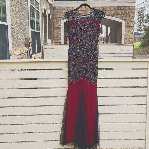 1920s Flapper Style Beaded Maxi Dress Black & Burgandy Prom Gatsby Dress size 4 - Picture 8 of 17
